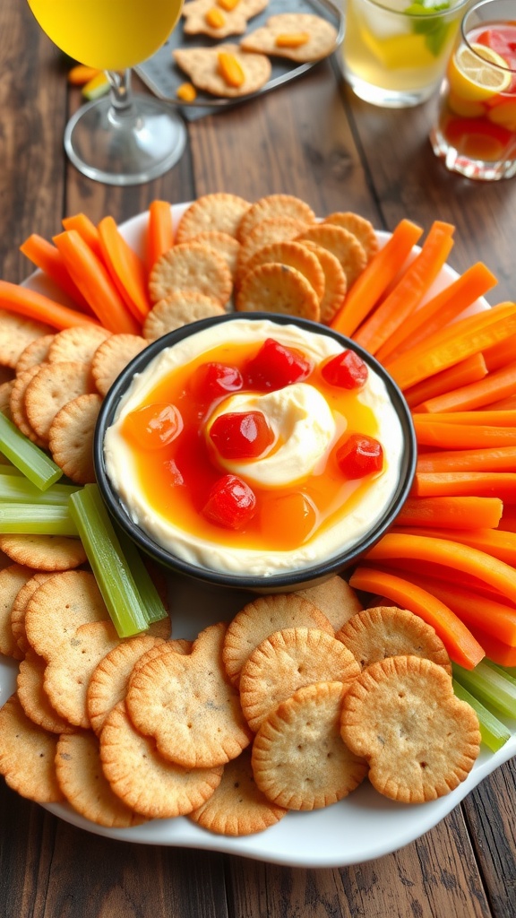Cheese jelly dip with crackers and vegetables on a rustic platter.
